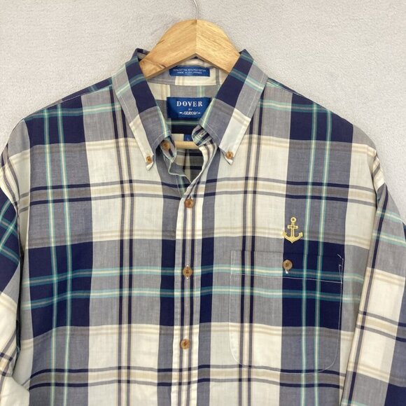 Vintage Dover Arrow Shirt Mens Large Long Blue Plaid Nautical Anchor Preppy 90s - Picture 4 of 12